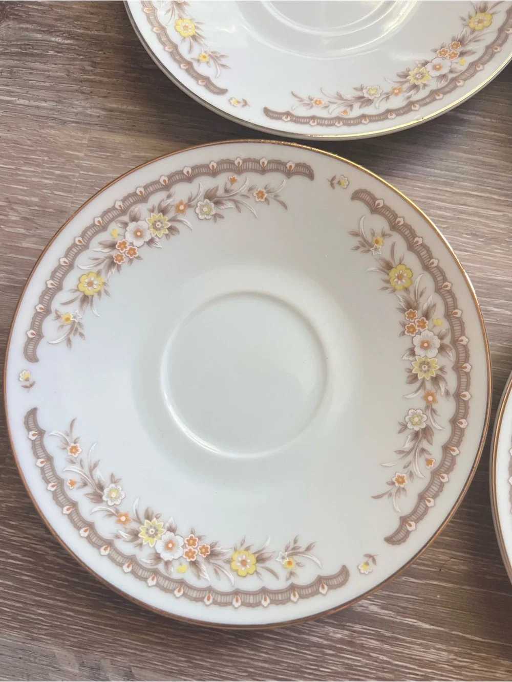 Classic White Floral Saucer Set with Gold Trim - White, Pink, Gold